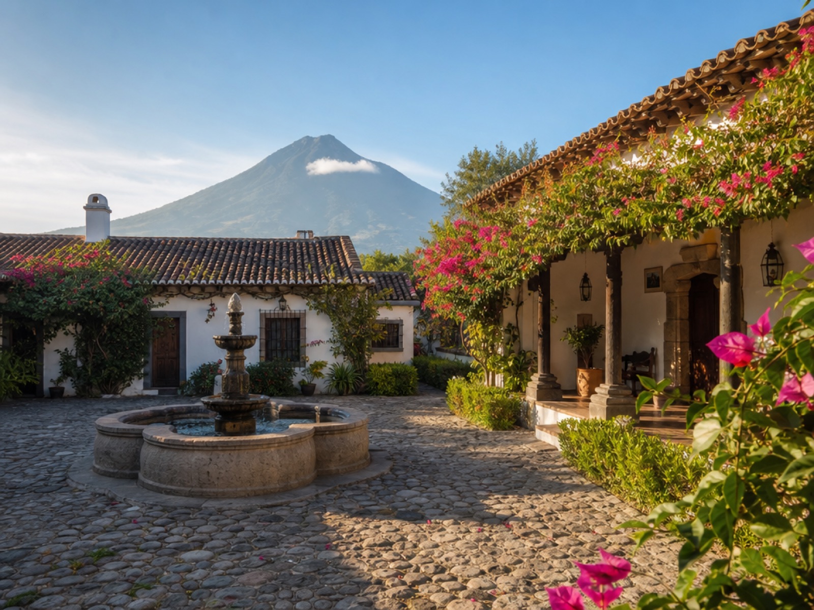Sunlit colonial courtyard in Antigua Guatemala with bougainvillea, a stone fountain and the cone of Volcán de Agua in the distance