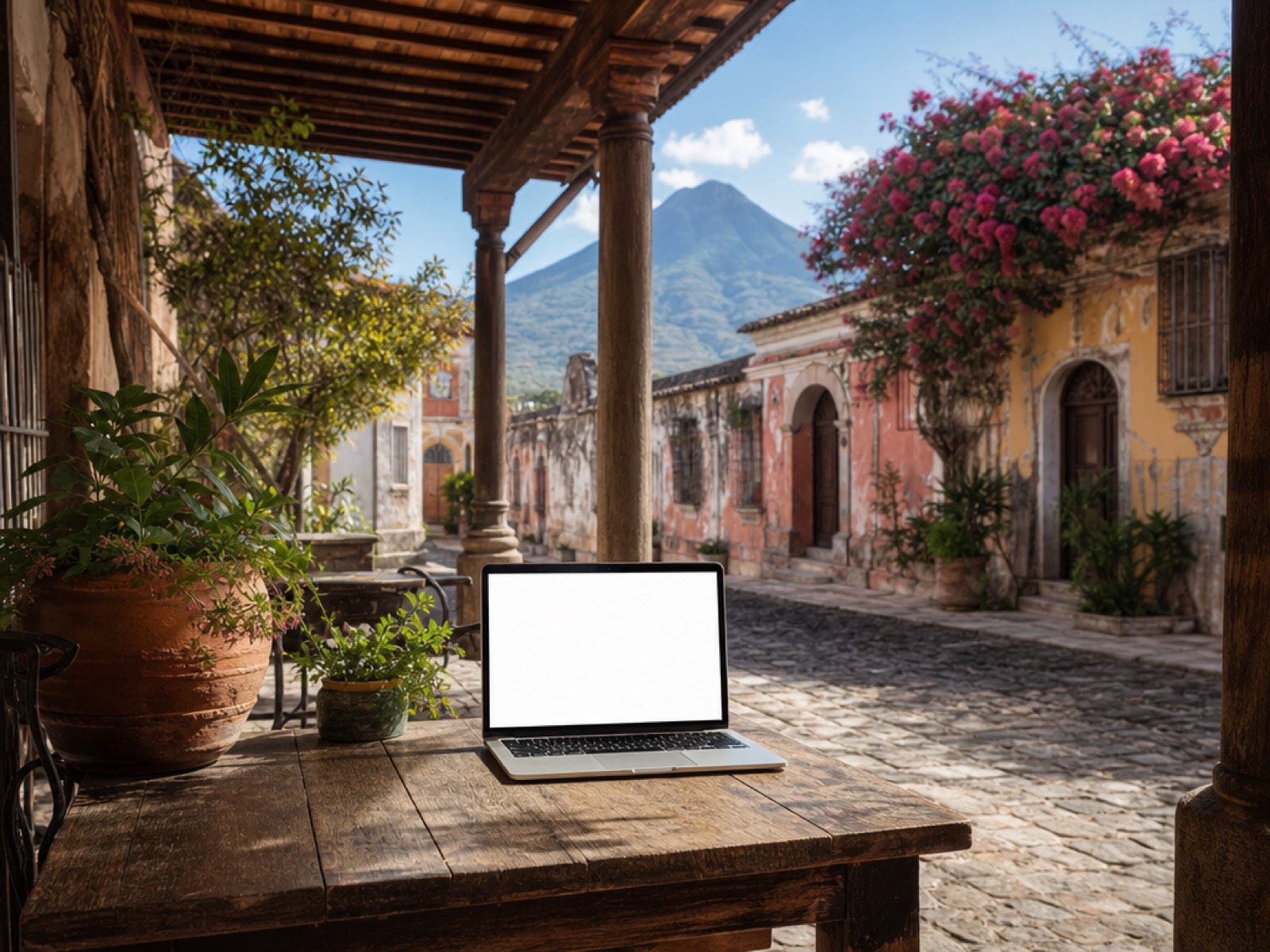 Quiet colonial courtyard in Antigua Guatemala used as a home office, open laptop on a wooden table under a tiled arcade, Volcán de Agua in the background