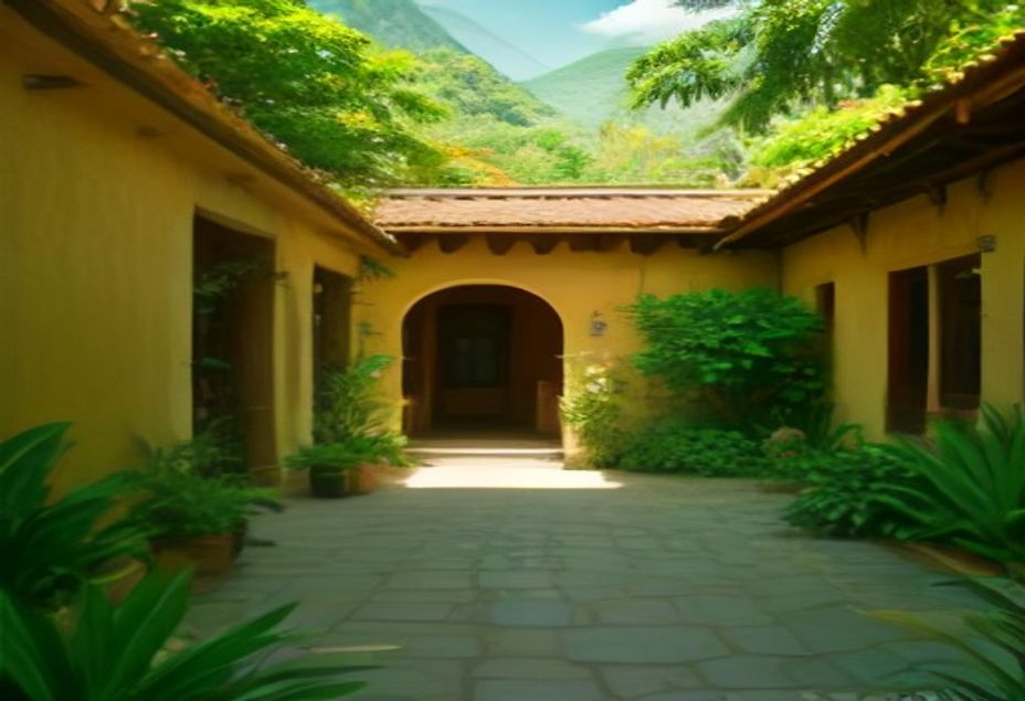 Tropical garden courtyard in Antigua Guatemala with sustainable eco-friendly home design