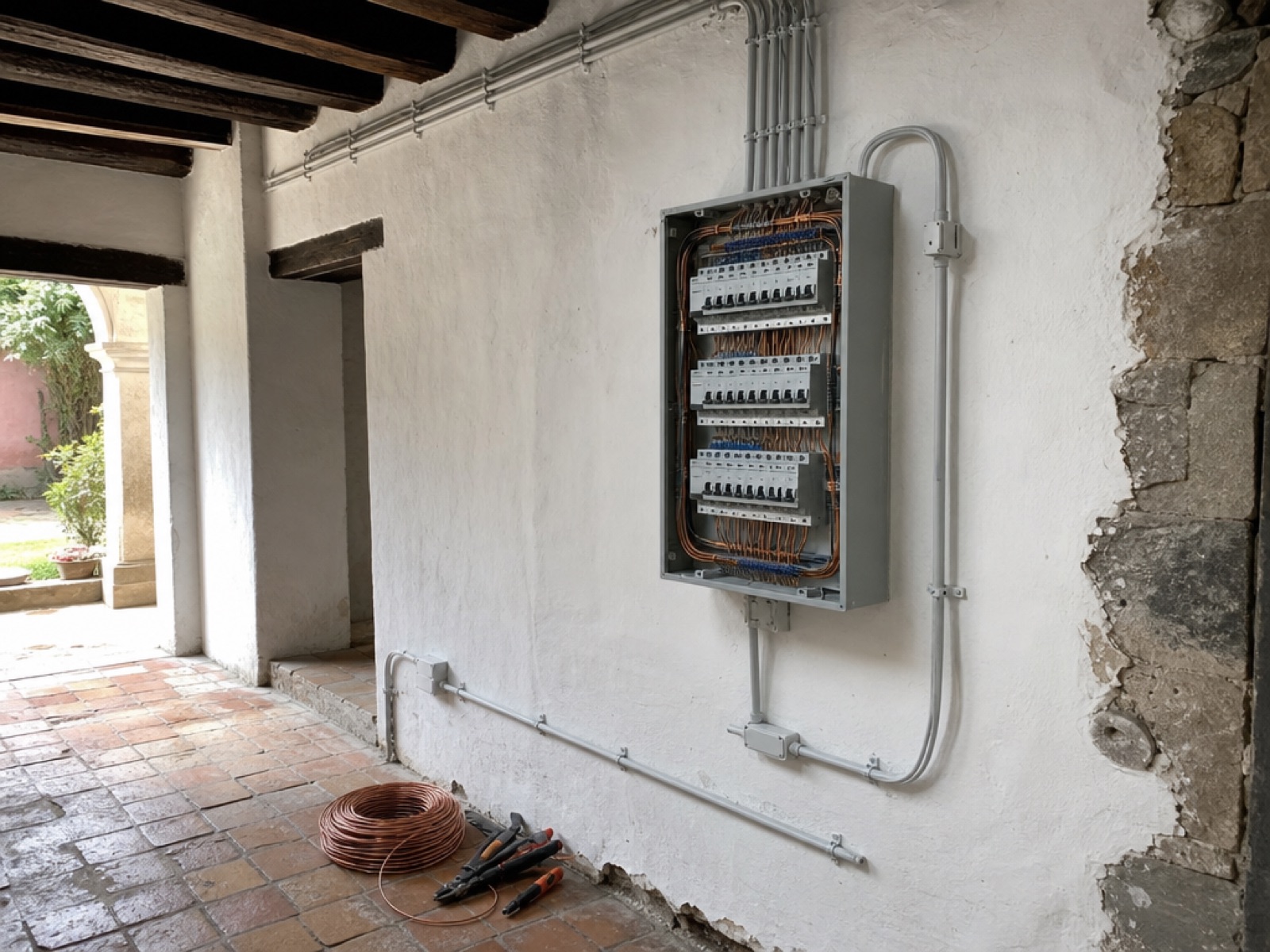 Open grey electrical panel with rows of circuit breakers and copper wiring on a whitewashed colonial wall in Antigua Guatemala, with surface conduit, timber ceiling beams and a terracotta tile floor