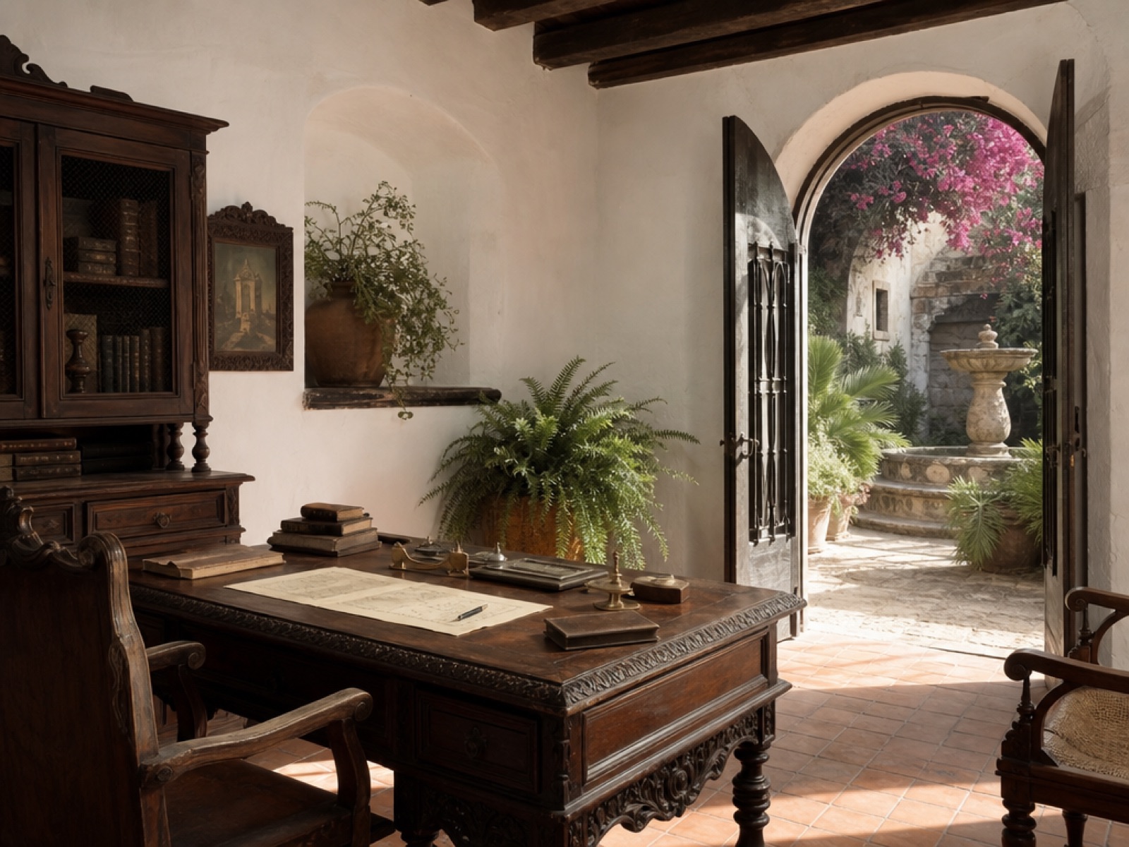 Colonial Antigua Guatemala home study with an antique wooden desk holding old documents, an arched doorway open to a shaded courtyard with a stone fountain and pink bougainvillea, warm late-afternoon light across terracotta tiles