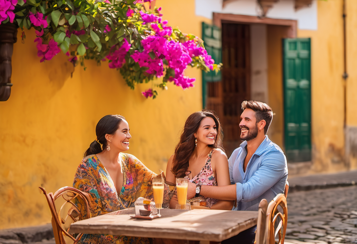 Expats socializing at an outdoor cafe on a cobblestone street in Antigua Guatemala with colorful colonial buildings and bougainvillea