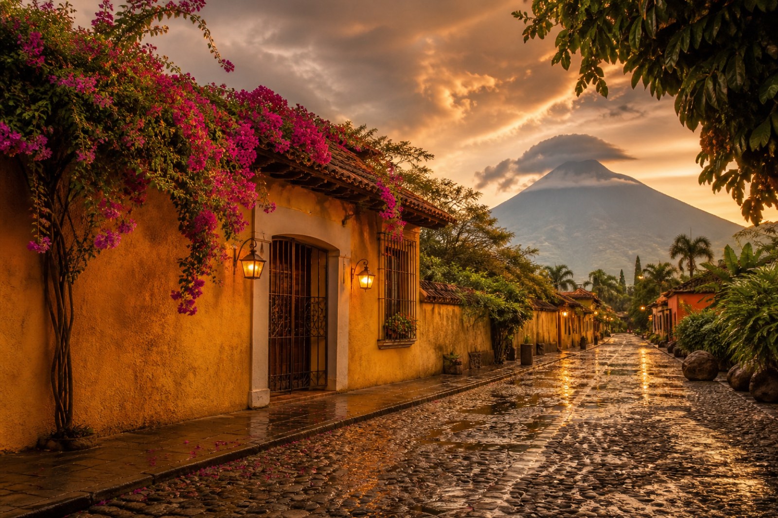 Golden hour colonial home in Antigua Guatemala with cobblestone street and dramatic clouds over Volcán de Agua