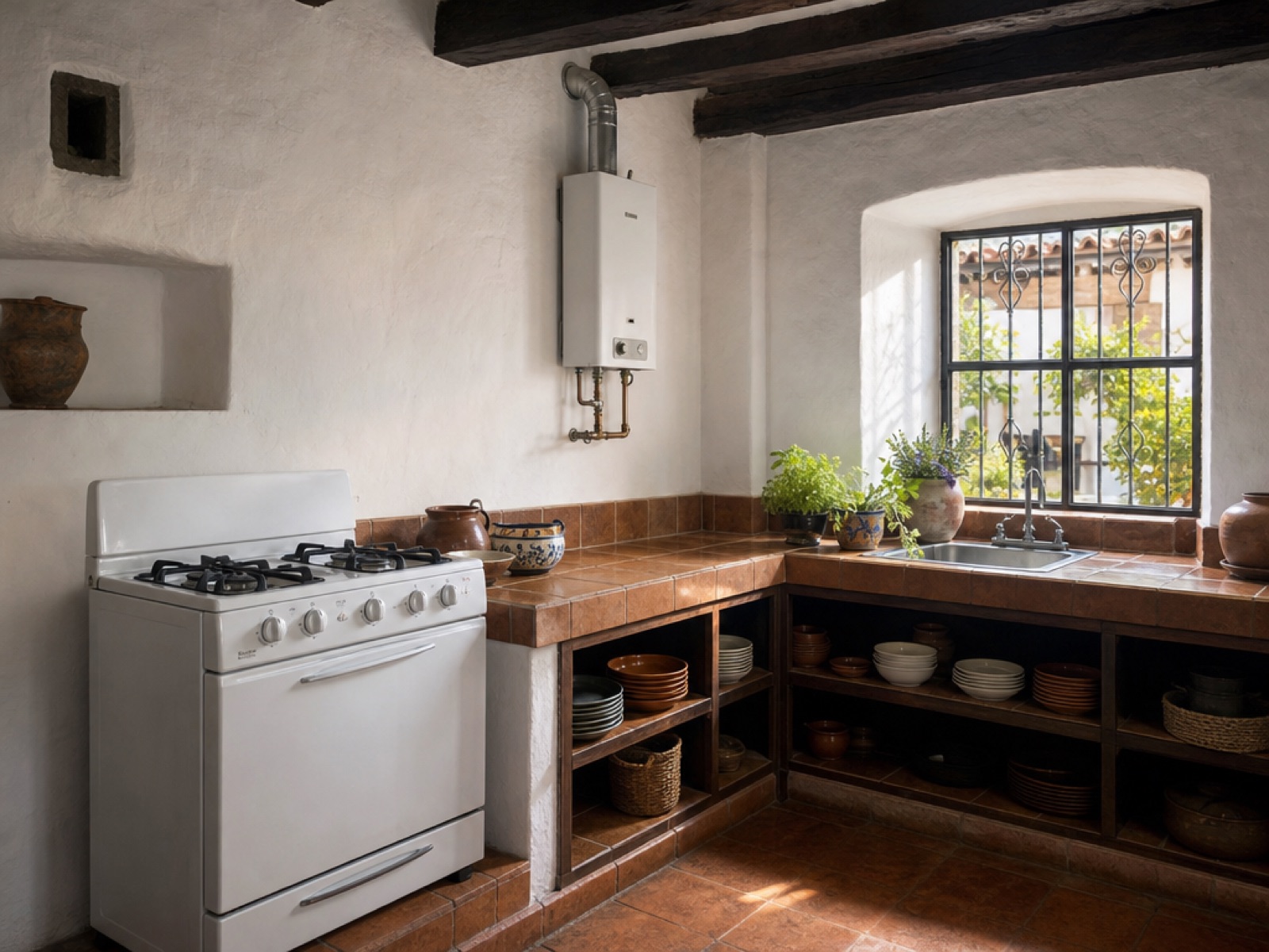 Restored colonial kitchen in Antigua Guatemala with a white gas stove, a wall-mounted tankless water heater above the tile counter, terracotta floors and wooden ceiling beams