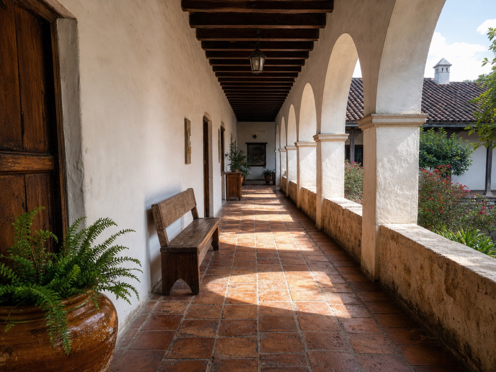 Covered corridor of a colonial house in Antigua Guatemala with well-worn terracotta clay floor tiles, lime-washed walls, dark timber ceiling beams and stripes of morning sunlight across the floor