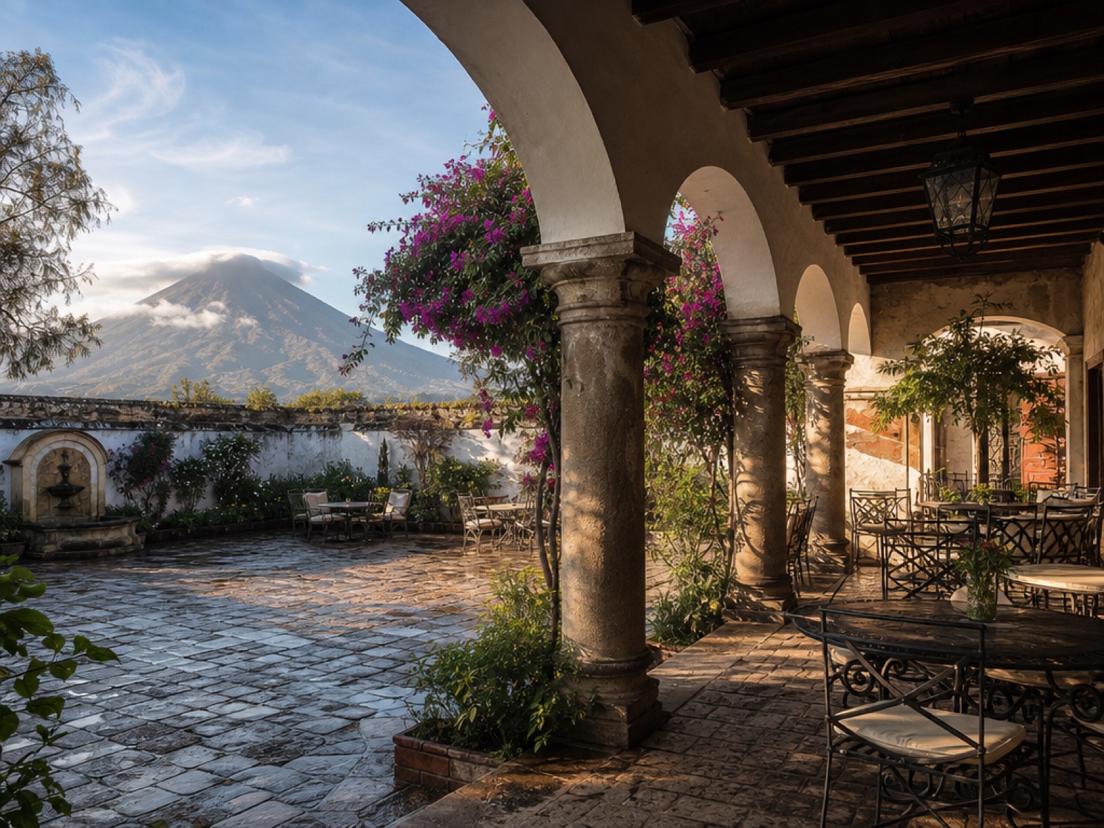 Morning light on a colonial courtyard in Antigua Guatemala with arched colonnade, wrought iron cafe tables and bougainvillea, Volcán de Agua behind