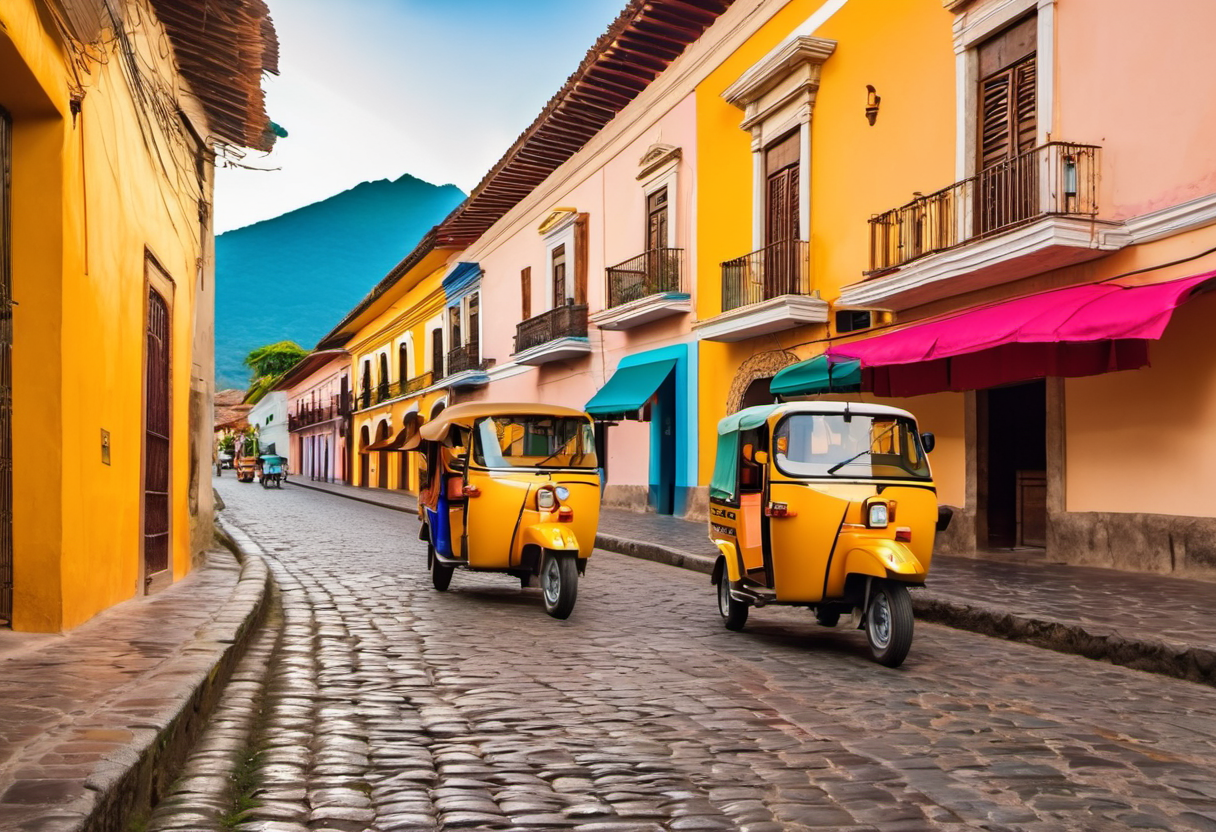 Colorful tuk-tuk taxi on a cobblestone street in Antigua Guatemala with colonial buildings in the background