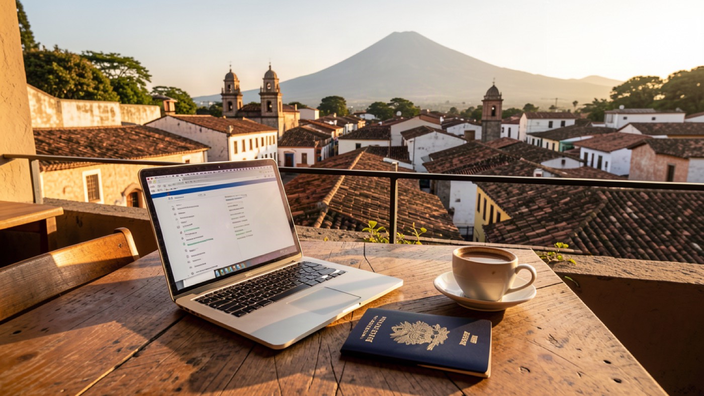 Remote work setup with a laptop, coffee, and a Guatemalan passport on a balcony overlooking colonial Antigua and Volcán de Agua