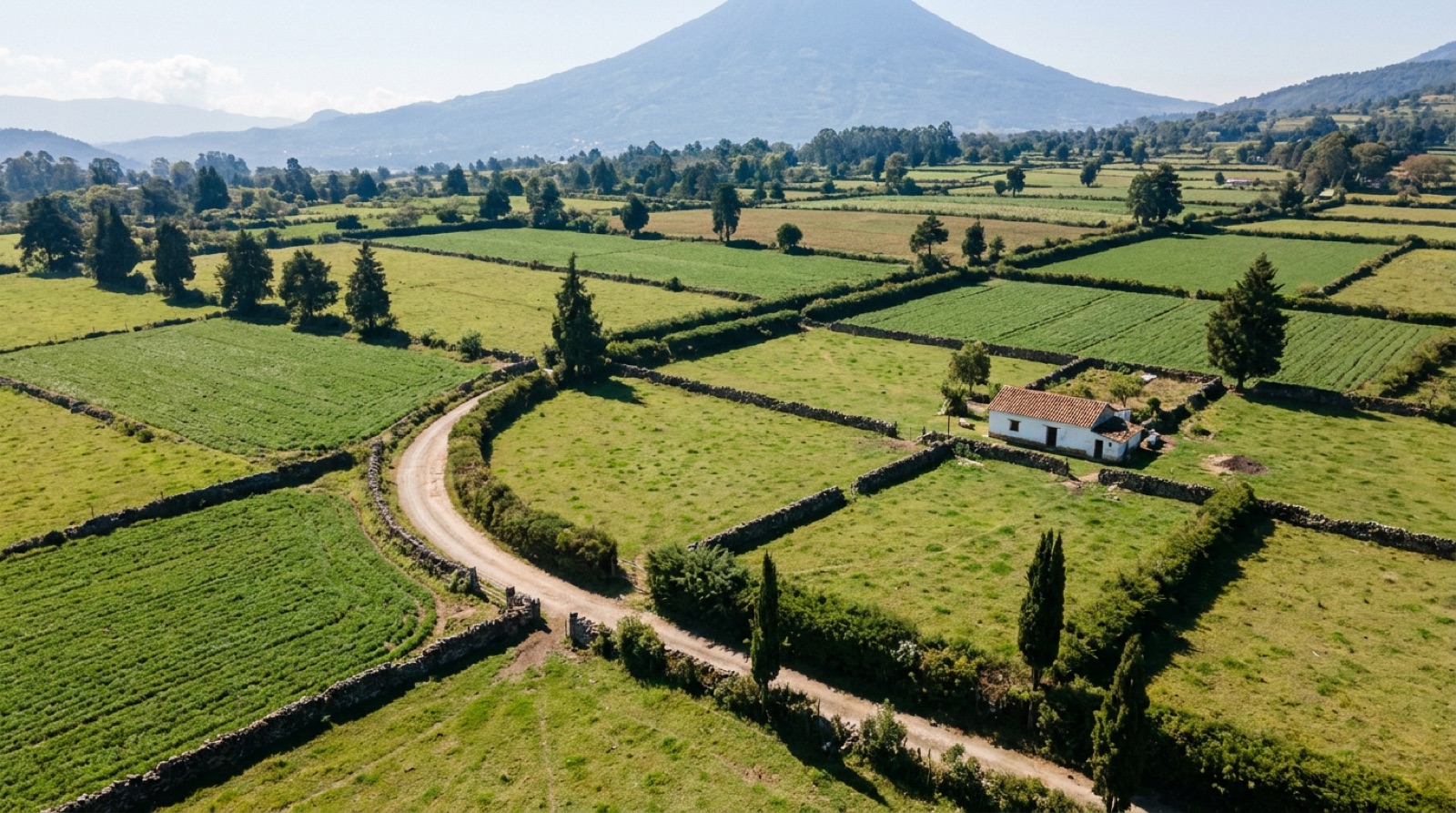 Aerial view of divided farmland parcels near Antigua Guatemala separated by stone walls, with a colonial finca and Volcán de Agua in the distance