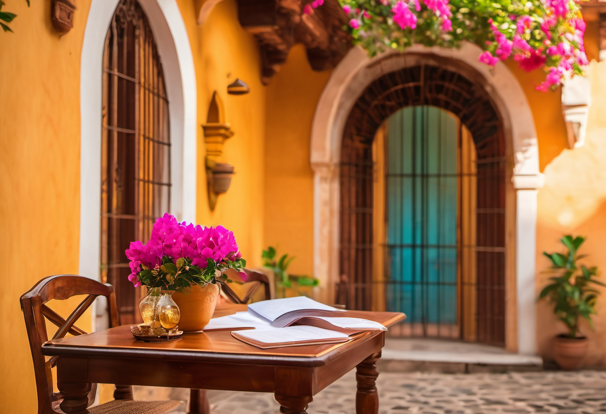 Colonial home interior in Antigua Guatemala with property documents and keys on a wooden table