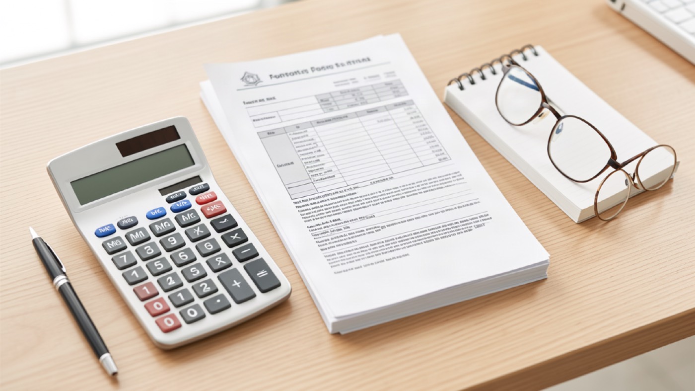 Calculadora, documentos de facturación y un bolígrafo sobre un escritorio para gestionar impuestos y finanzas de propiedad