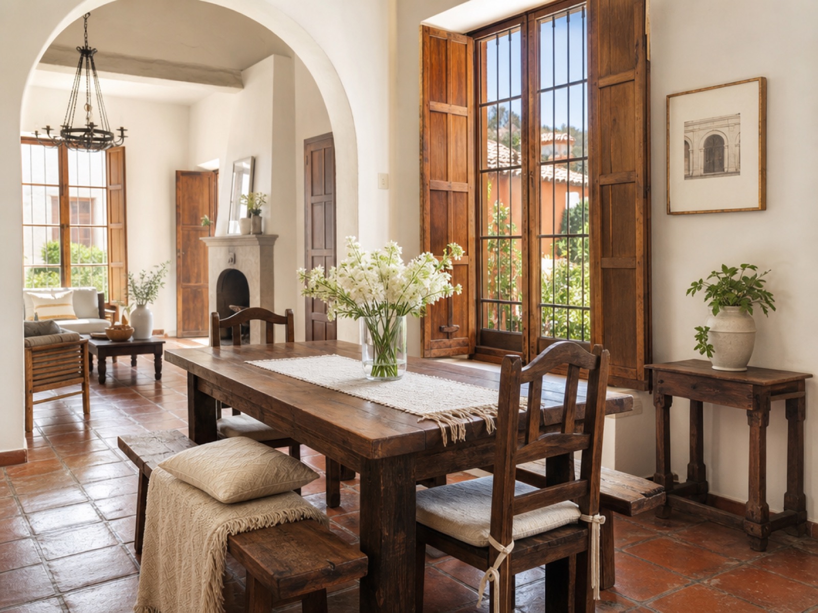 Brightly staged colonial home interior in Antigua Guatemala with a wooden dining table, white flowers and terracotta tile floors lit by morning light