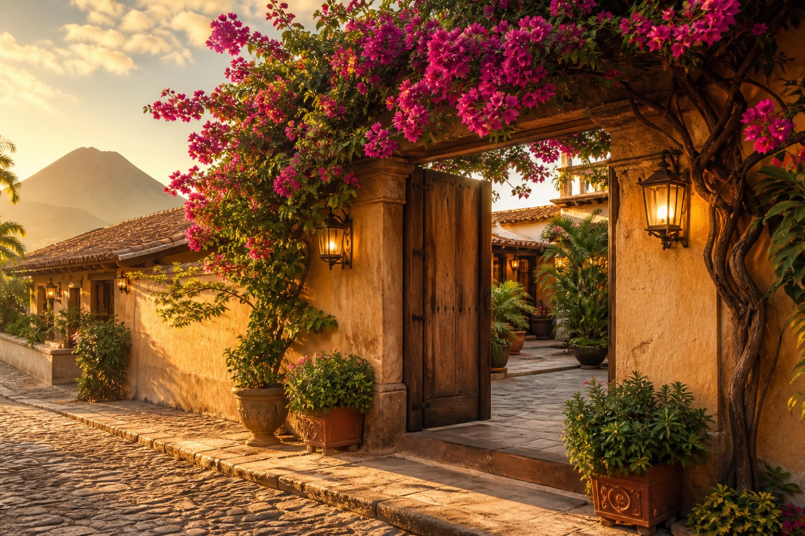 Colonial entrance of a property for sale in Antigua Guatemala with cobblestone street