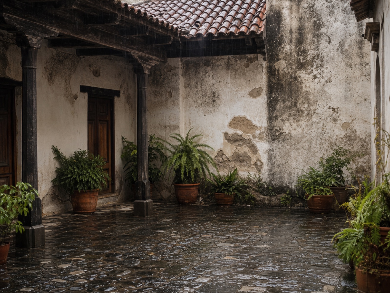 Wet cobblestone courtyard of an old colonial house in Antigua Guatemala during the rainy season, with peeling lime-plaster walls, damp stains and potted ferns along the base