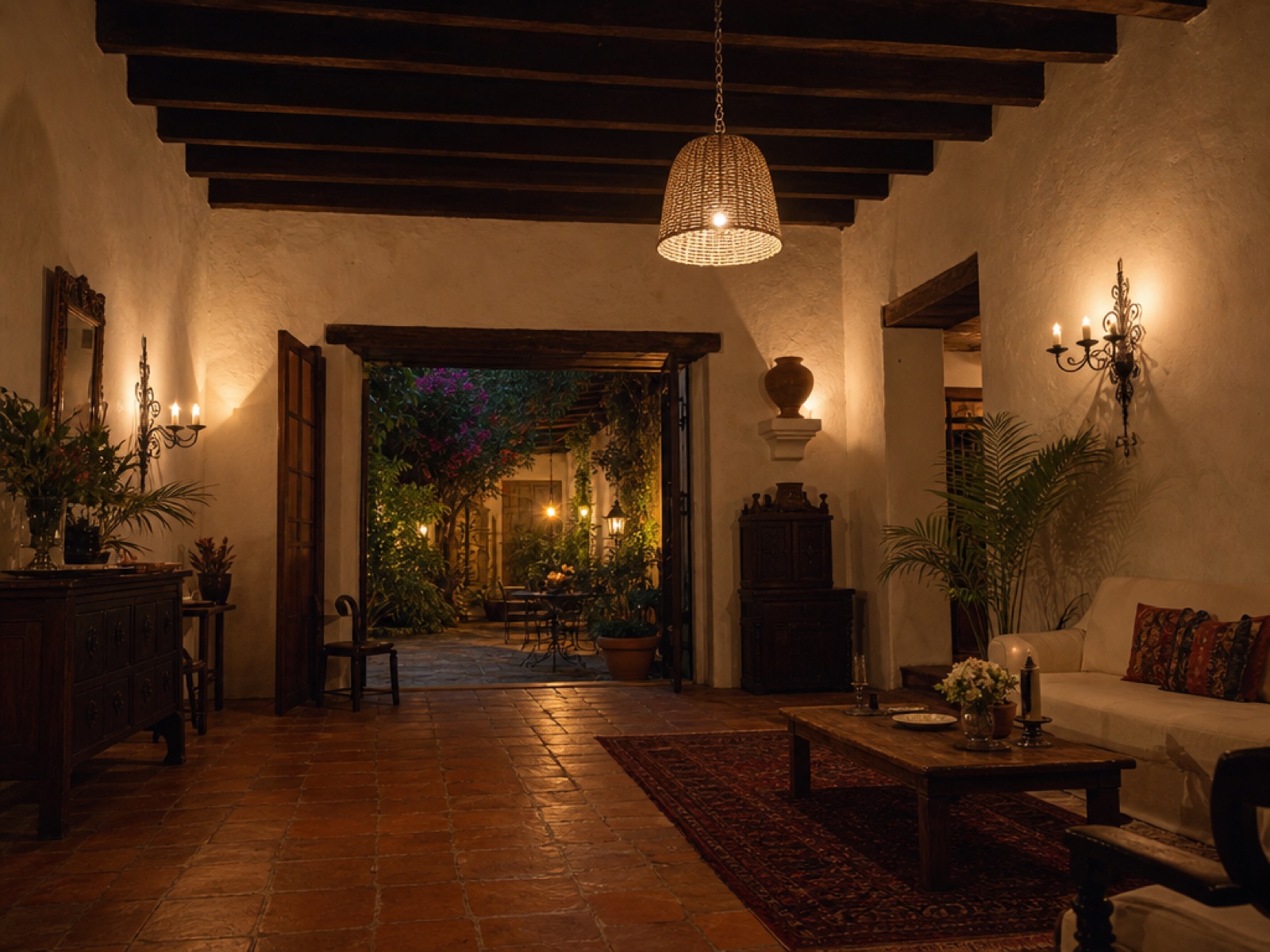 Evening interior of a colonial home in Antigua Guatemala with whitewashed stucco walls, exposed wooden beam ceiling, terracotta tile floor, wrought-iron wall sconces and a woven pendant lamp looking out to a lit courtyard