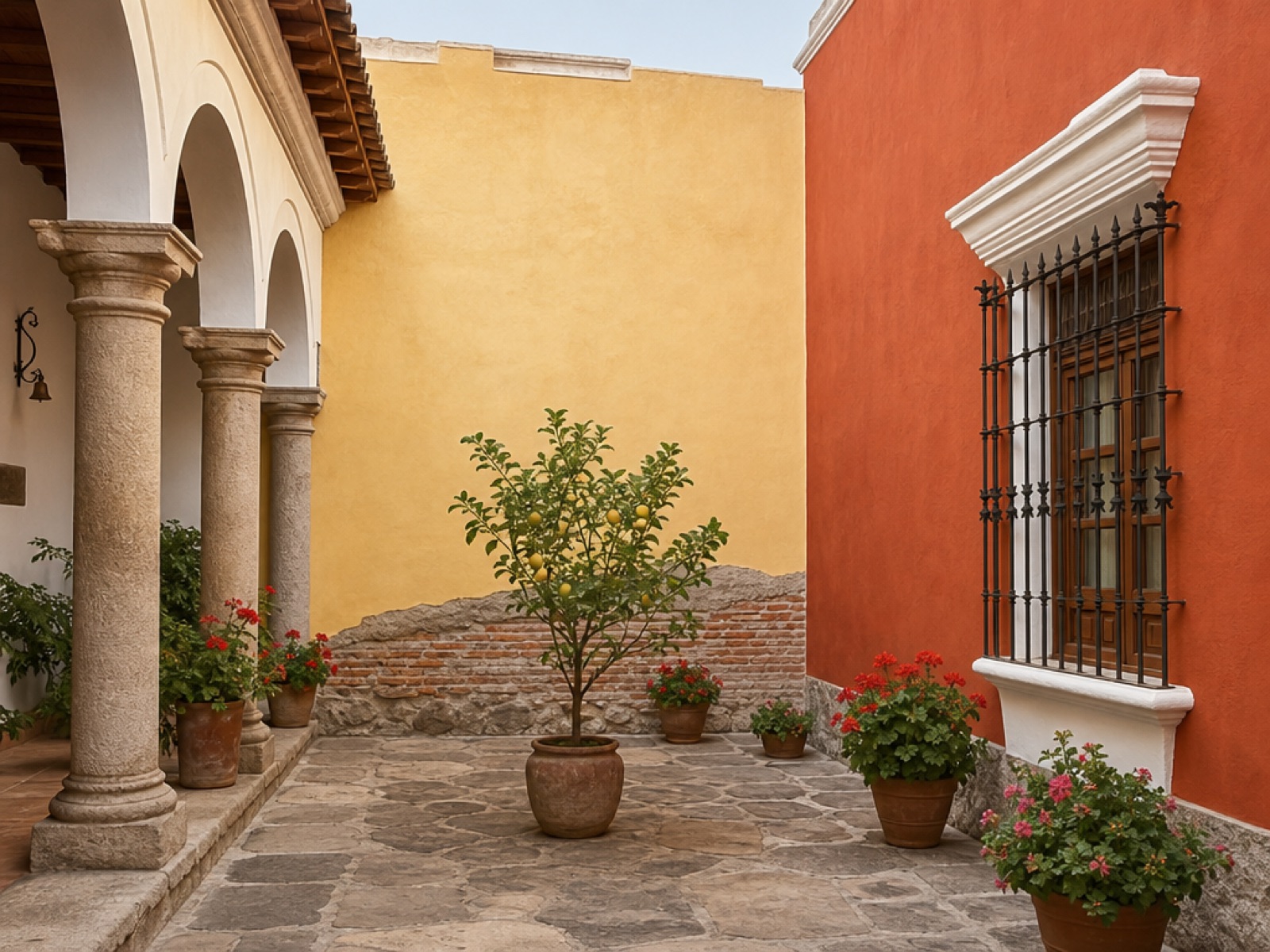 Interior courtyard of a colonial house in Antigua Guatemala with a freshly lime-washed ochre wall, a deep terracotta wall with a white-trimmed window and iron reja, exposed brick at the base, stone arcade columns and potted geraniums on flagstones