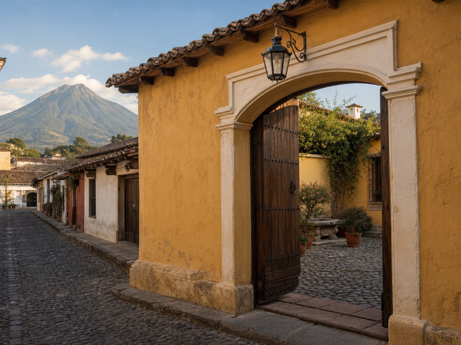 An open arched wooden carriage door in a pastel yellow colonial facade on a cobblestone street in Antigua Guatemala, with a cobbled courtyard and potted plants visible inside