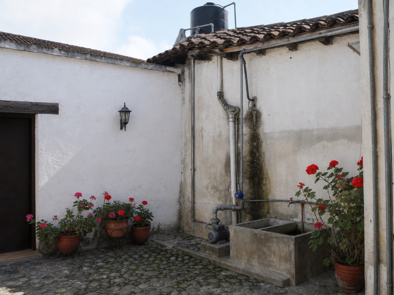 Galvanized steel and PVC water pipes running down a whitewashed colonial wall in Antigua Guatemala, with a rooftop water tank above, a small grey pump, a concrete pila basin and cobblestone patio