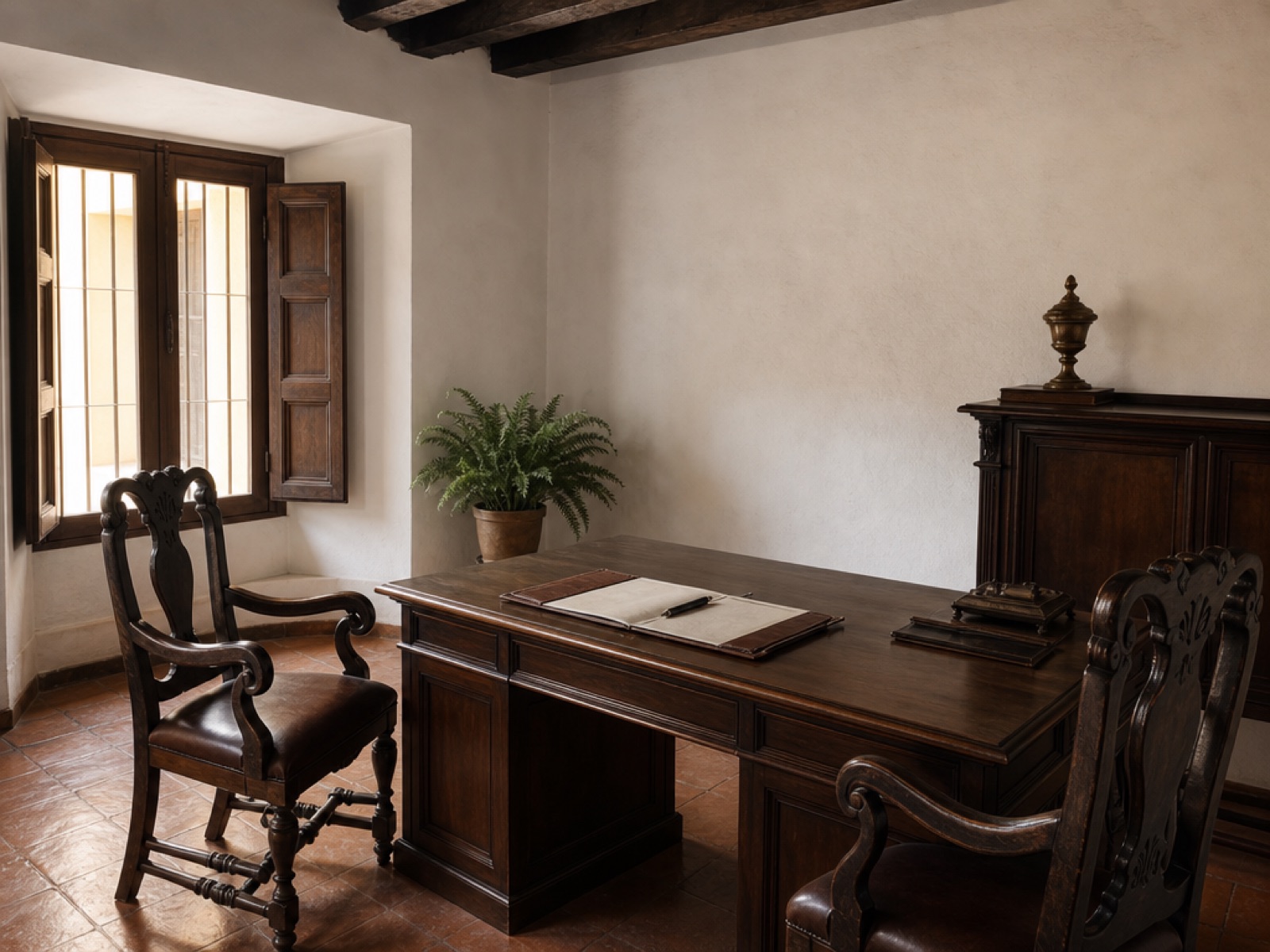 A dark hardwood desk with an open leather folder and a fountain pen, carved wooden chairs with leather seats, white stucco walls and exposed beams, and warm morning light through a shuttered window onto a terracotta tile floor in a colonial Antigua Guatemala office