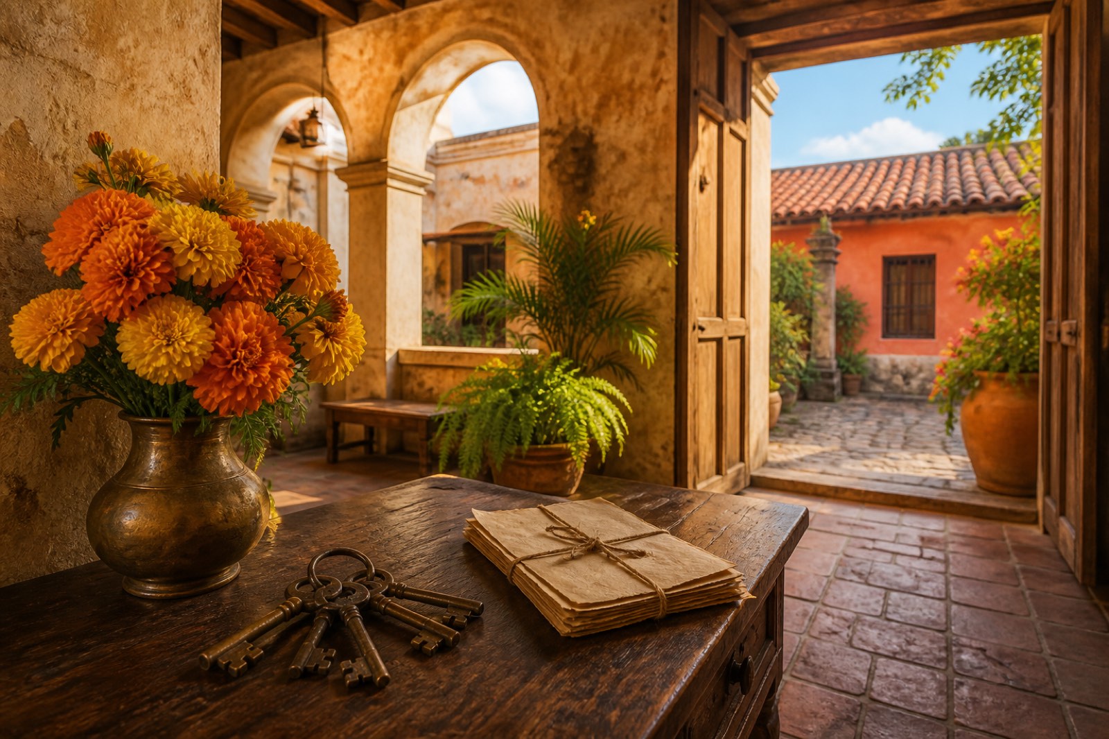 Colonial courtyard in Antigua Guatemala with keys and property documents on a rustic wooden desk