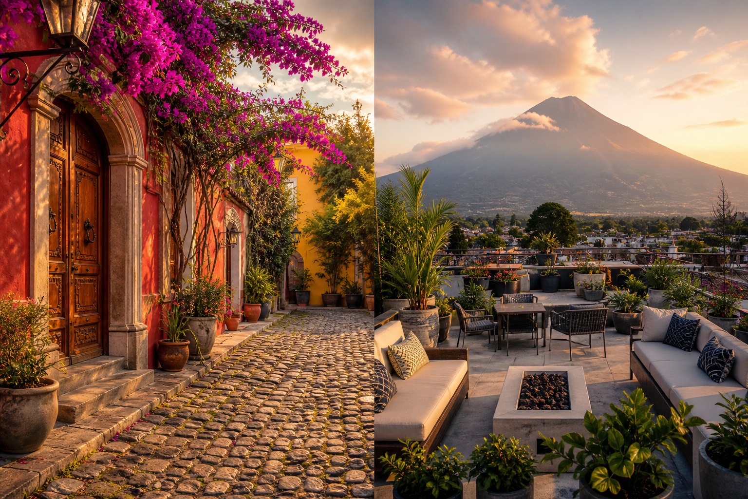 Split view of a colonial courtyard with bougainvillea and a modern rooftop terrace with Volcan de Agua views in Antigua Guatemala