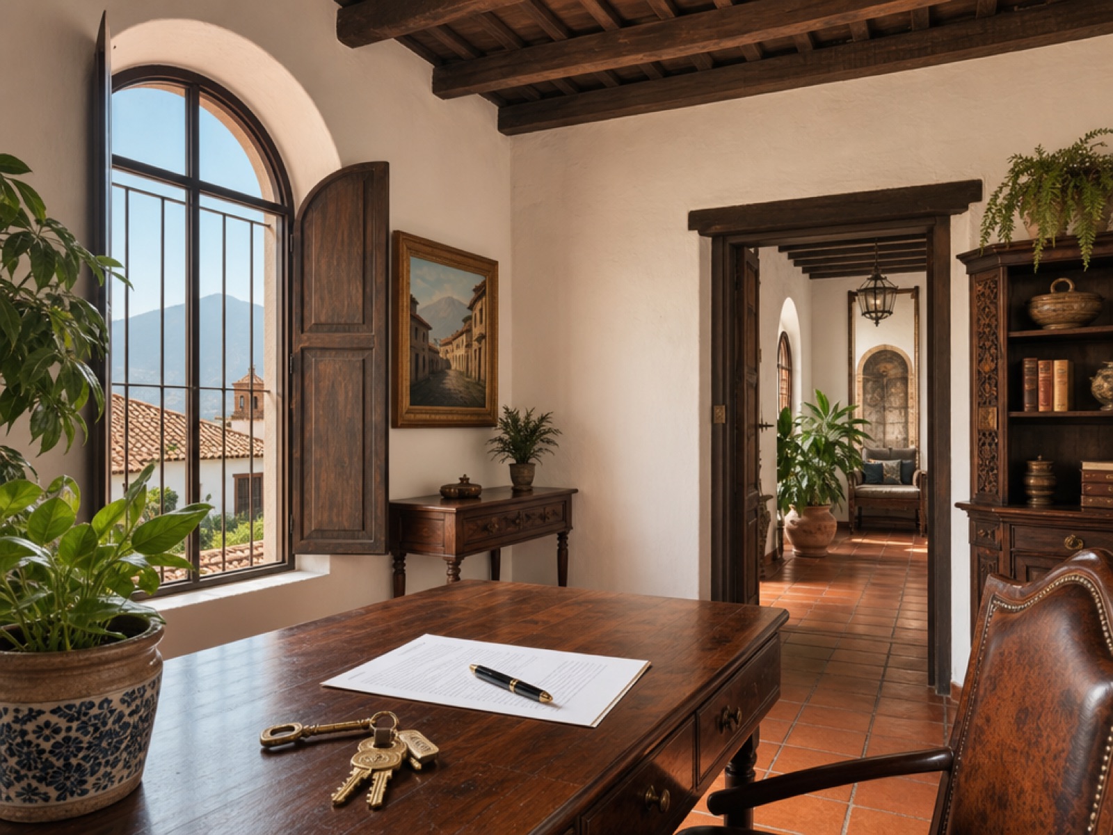Colonial home office in Antigua Guatemala with a property contract and keys on a wooden desk