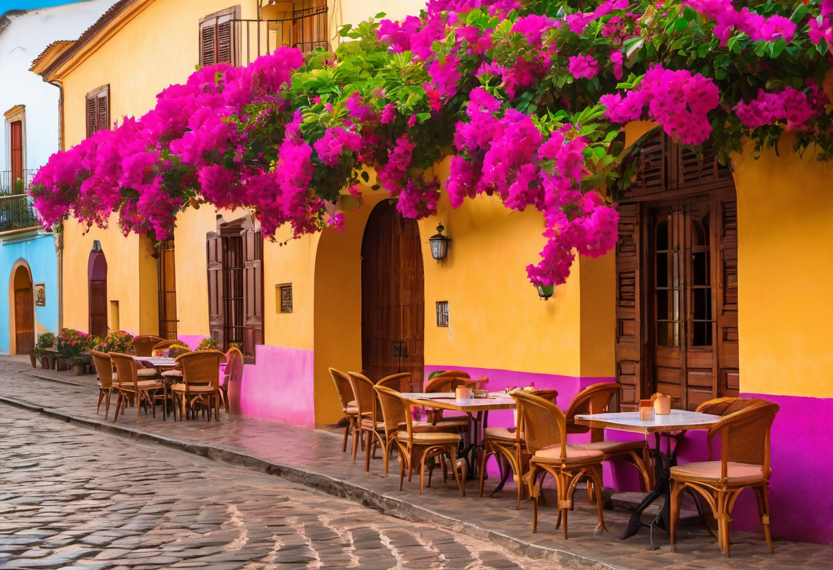Colorful colonial street in Antigua Guatemala with outdoor cafe tables and bougainvillea under soft golden light
