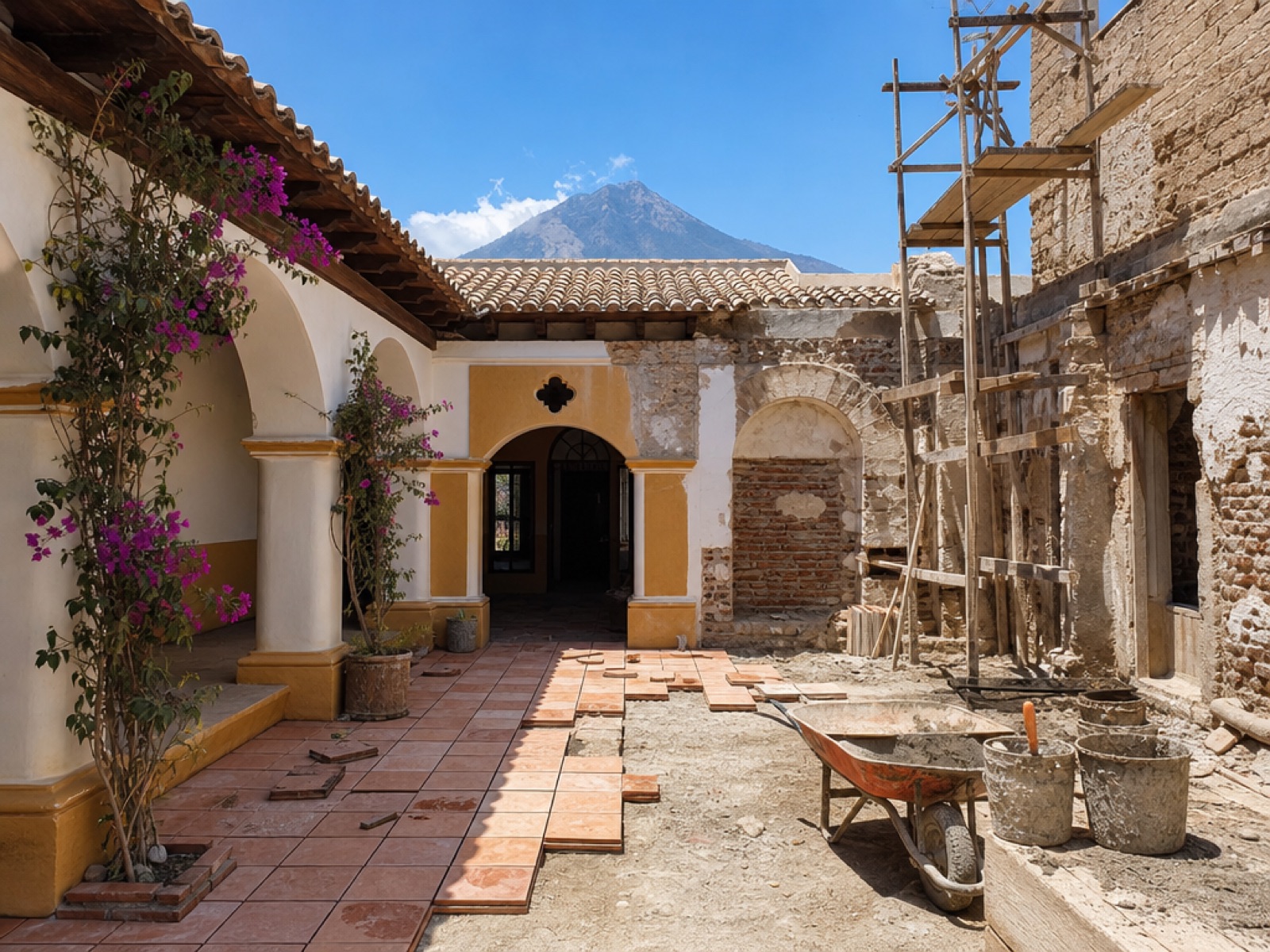 Colonial courtyard in Antigua Guatemala mid-renovation, with white and ochre walls, exposed brick, wooden scaffolding and a wheelbarrow on terracotta tiles