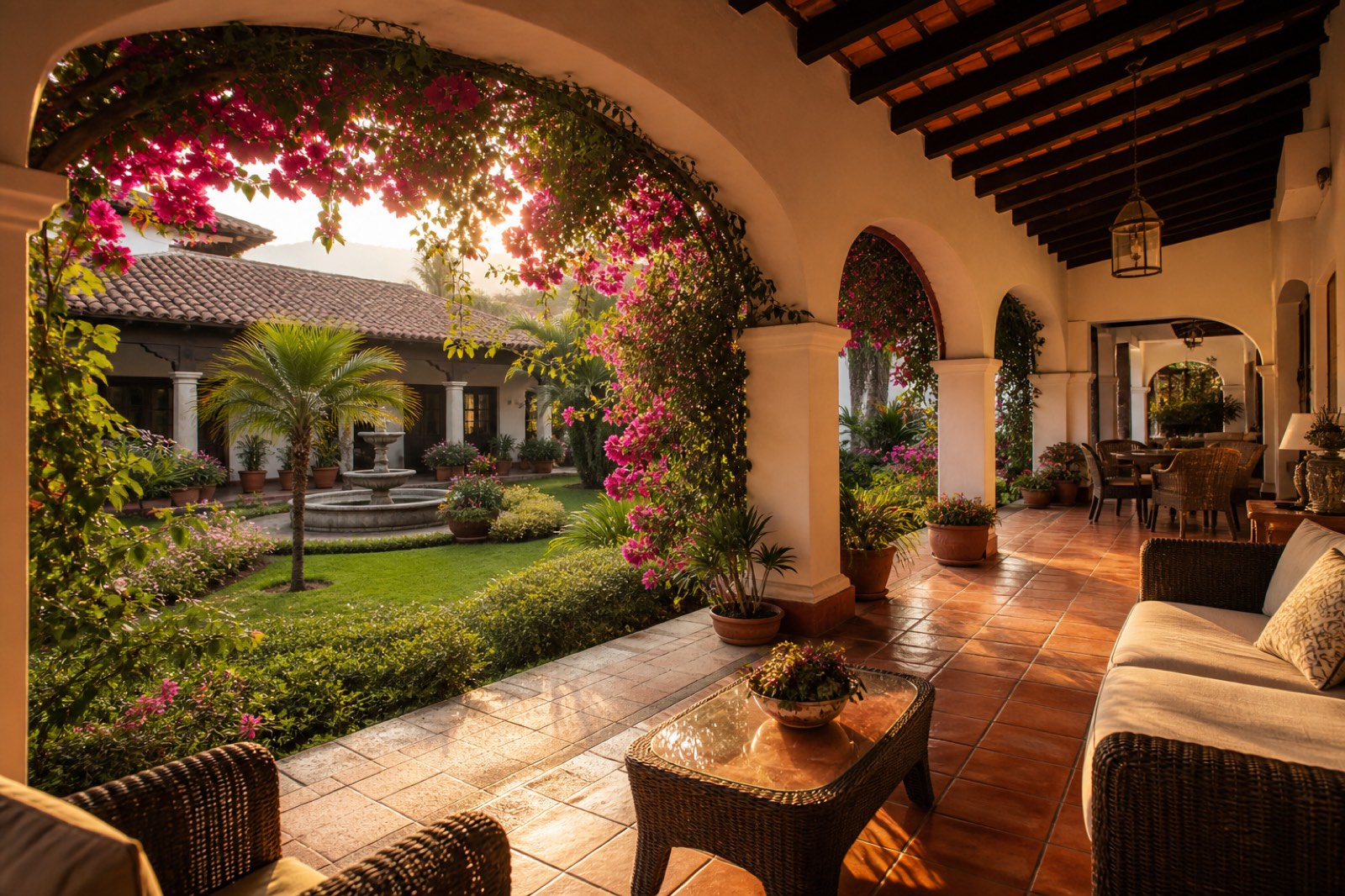 Peaceful colonial courtyard garden in Antigua Guatemala with bougainvillea and fountain at golden hour