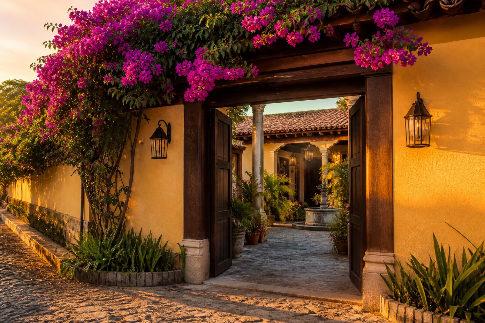 Colonial vacation rental entrance in Antigua Guatemala with bougainvillea and cobblestone street at golden hour