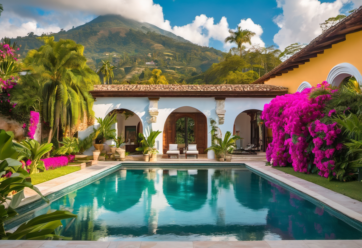 Colonial street in Antigua Guatemala with traditional architecture and cobblestones