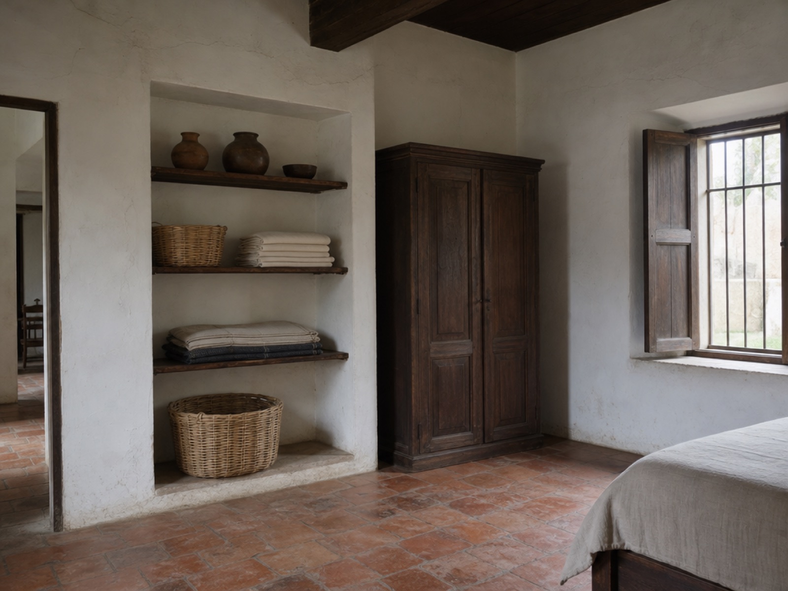 Interior of a colonial home in Antigua Guatemala with a built-in shelf alcove holding baskets and folded linens, a tall dark wooden wardrobe, terracotta tile floor and a shuttered window in soft daylight