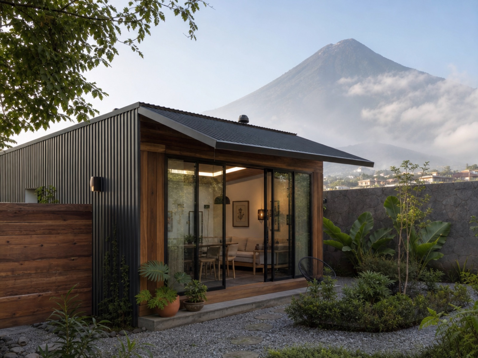 Compact modern small home with dark corrugated metal and wood siding and glass doors facing a gravel courtyard garden, with Volcán de Agua in the background near Antigua Guatemala
