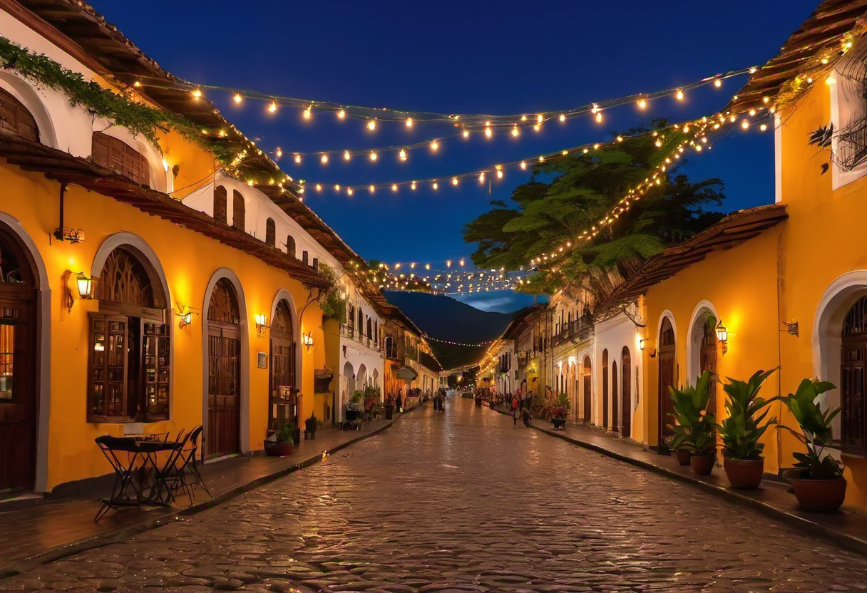 Colonial street in Antigua Guatemala with cobblestones and colourful buildings against a volcano backdrop