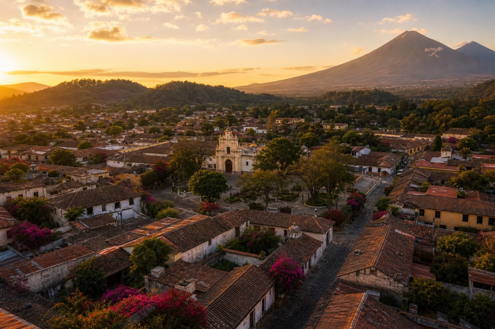 Aerial view of a charming colonial town near Antigua Guatemala with terracotta rooftops and cobblestone streets at golden hour