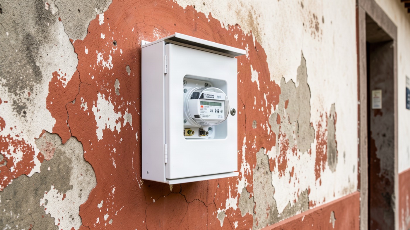 White electricity meter box mounted on the weathered exterior wall of an older building in Antigua Guatemala, with a digital power meter visible inside