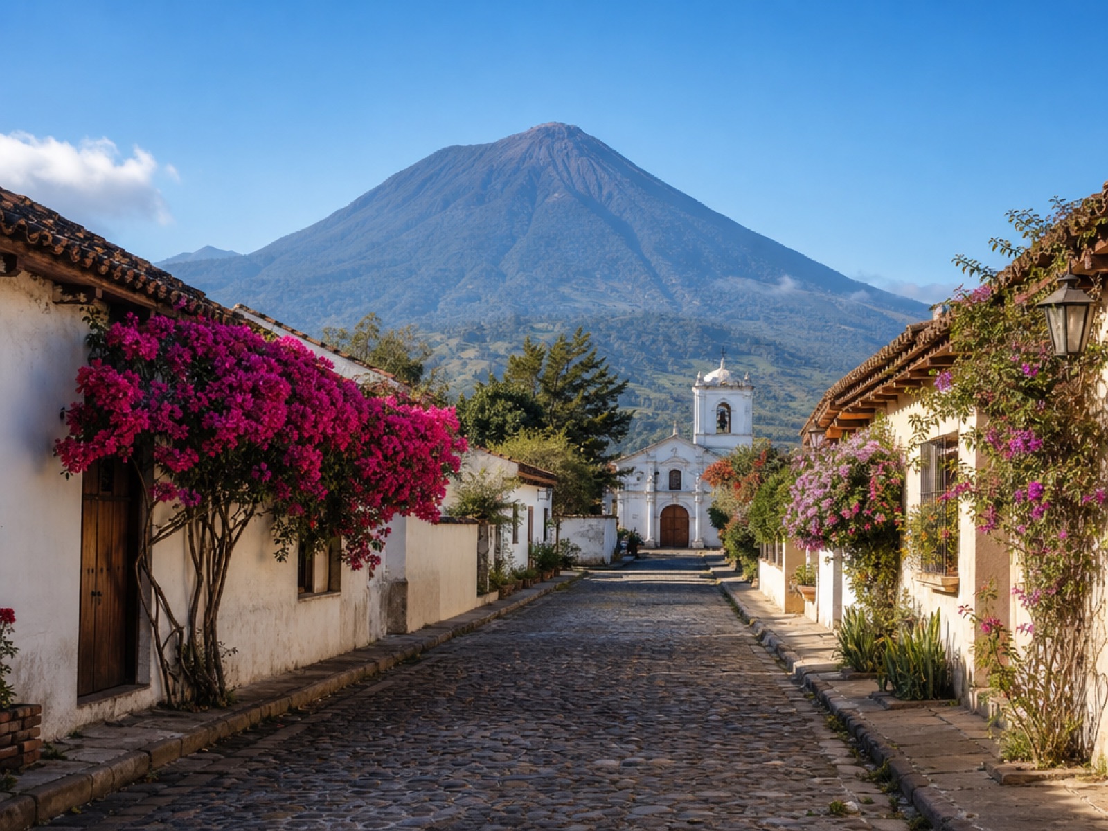 Cobblestone lane in a colonial village near Antigua Guatemala lined with whitewashed houses and bougainvillea, leading to a white church with the Volcán de Agua behind