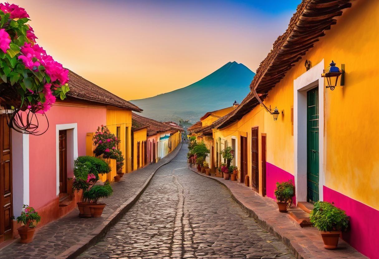 Panoramic view of Volcan de Agua towering over colorful colonial Antigua Guatemala with terracotta rooftops and bougainvillea under golden morning light
