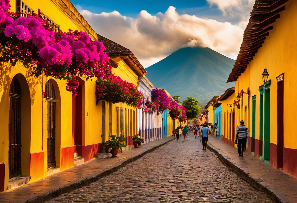 Colorful colonial street scene in Antigua Guatemala with cobblestones and volcano backdrop