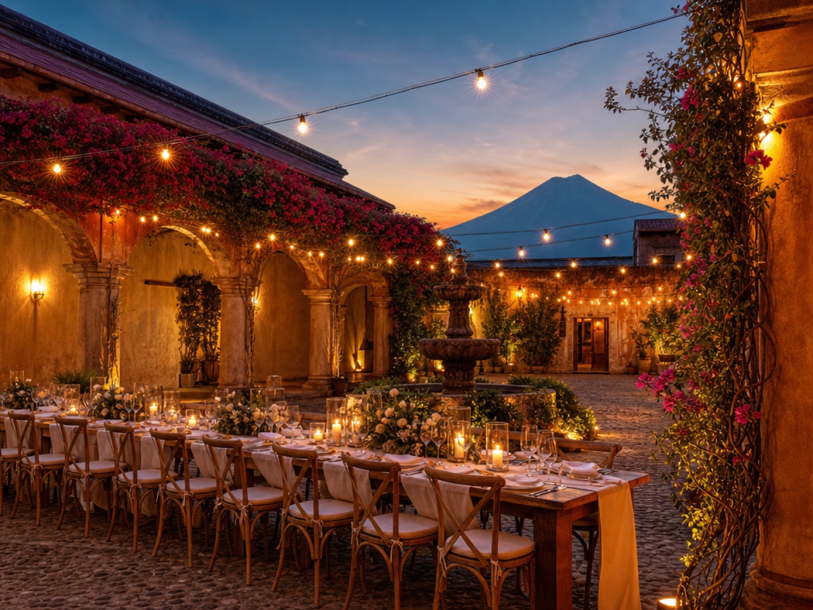 Colonial courtyard in Antigua Guatemala set for an evening wedding reception with a long banquet table, string lights, bougainvillea and Volcán de Agua at twilight