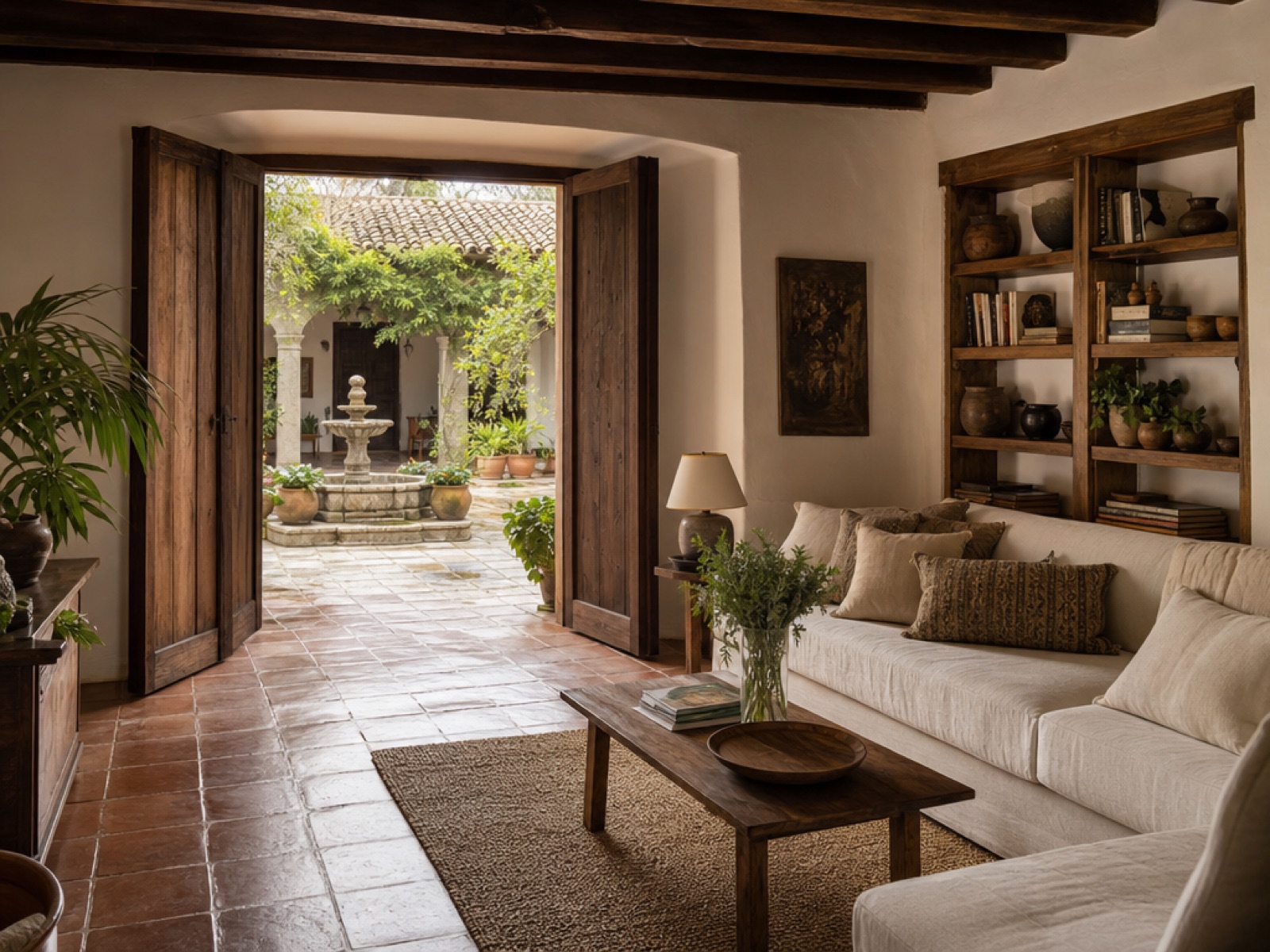 Furnished colonial living room in Antigua Guatemala with terracotta tile floor, dark wooden ceiling beams and built-in shelves, opening onto a sunlit courtyard with a stone fountain