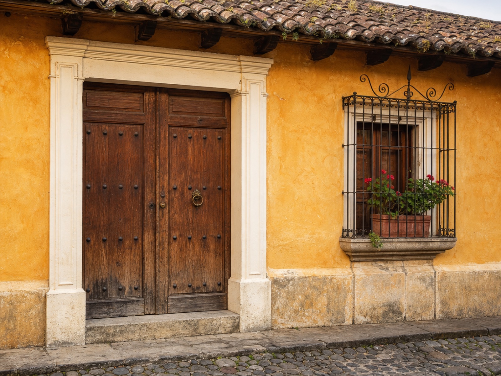 Restored colonial house facade in Antigua Guatemala in morning light with a tall wooden double door, iron window grille, ochre stucco walls and terracotta roof tiles