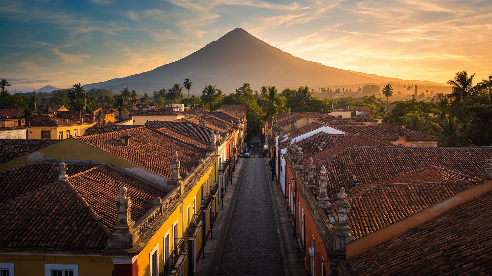Aerial view of colorful colonial homes in Antigua Guatemala with volcano in background