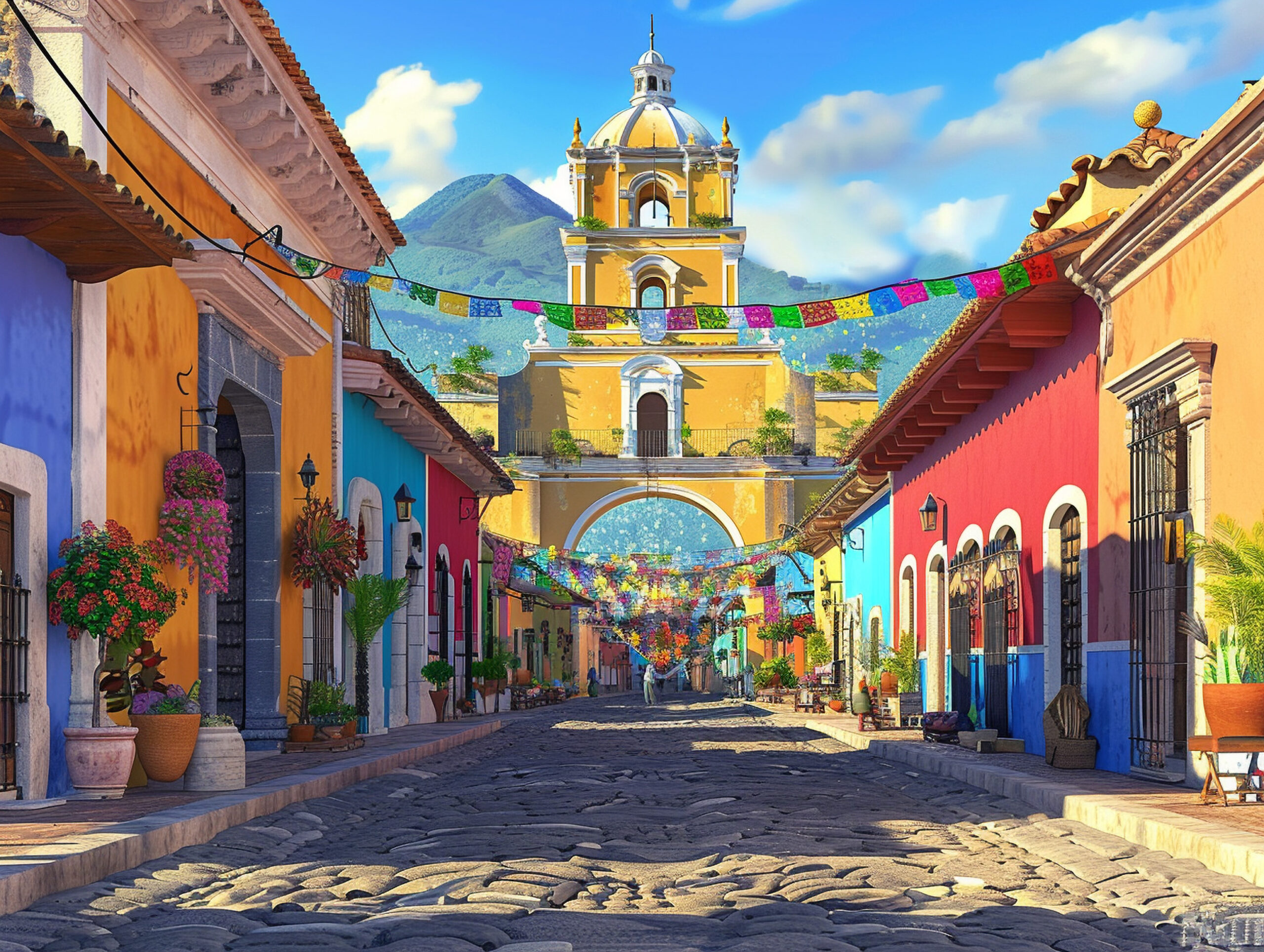 Colorful colonial homes in a quiet Antigua Guatemala neighborhood with volcano views