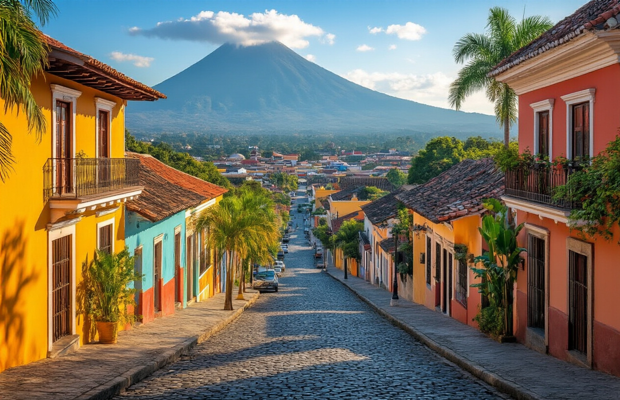 Colonial street scene in Antigua Guatemala with colorful facades and volcano backdrop