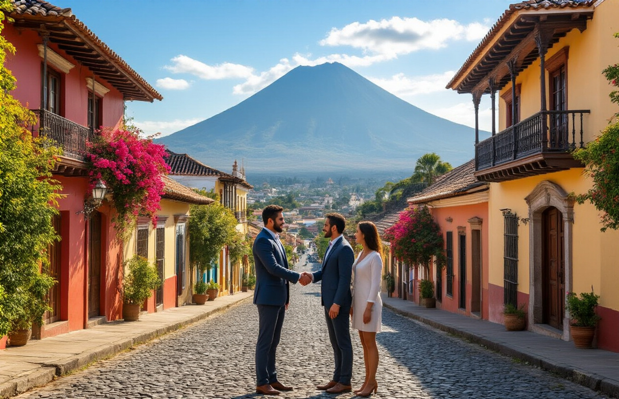 Scenic view of Guatemalan landscape with mountains and traditional architecture