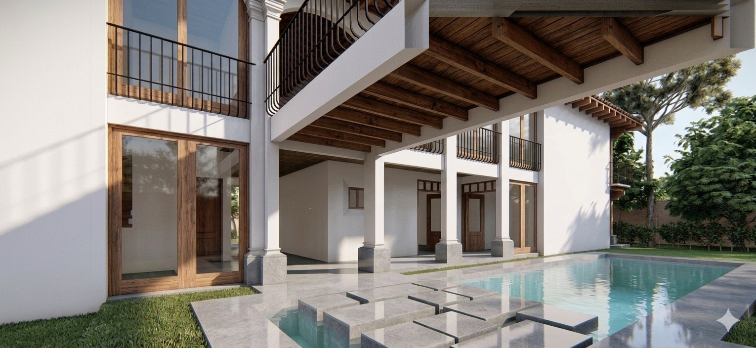 Luxury modern home with double-height ceilings and fireplace for sale in Jardines de Antigua Guatemala